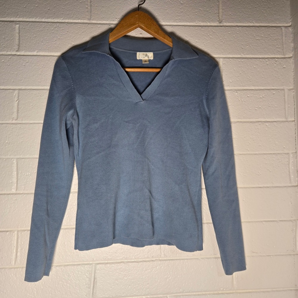 Ann Taylor LOFT Womens Sweater Blue V-Neck Collared Long Sleeve Knit Polo M